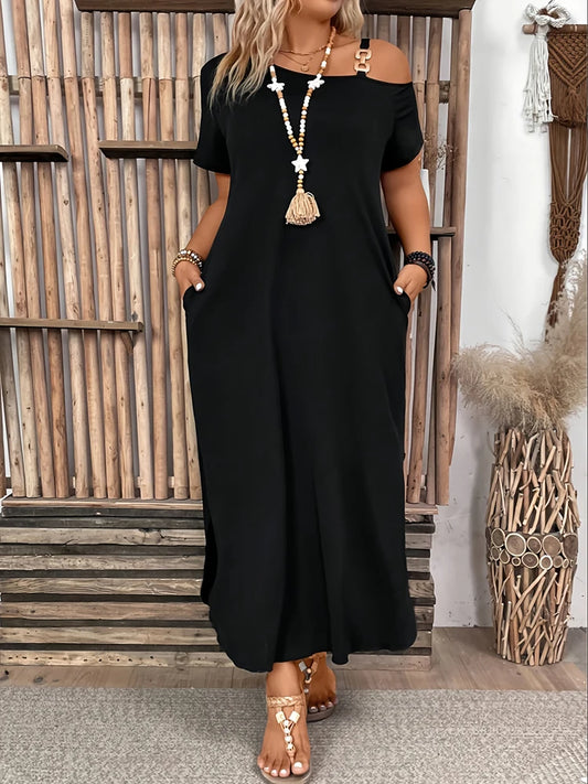 Slit Metal Buckle Single Shoulder Short Sleeve Women's Dress
