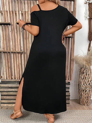 Slit Metal Buckle Single Shoulder Short Sleeve Women's Dress