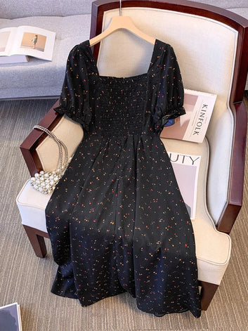 Plus Size Women's Square Neck Floral Dress Black