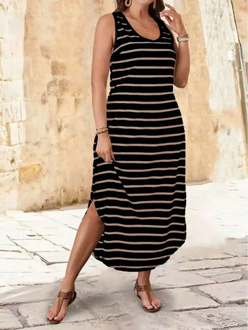Striped Tank Maxi Dress for Women, U - Neck