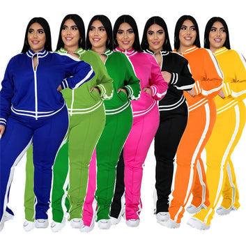 Sweatsuit Zip Striped Top Slit Sweatpants