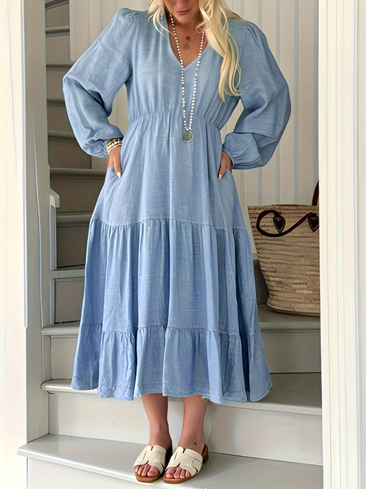 Women's cotton-linen vintage casual long-sleeve dress with a long flowing skirt