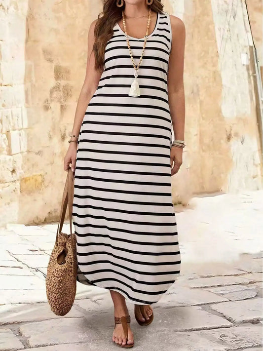 Striped Tank Maxi Dress for Women, U - Neck