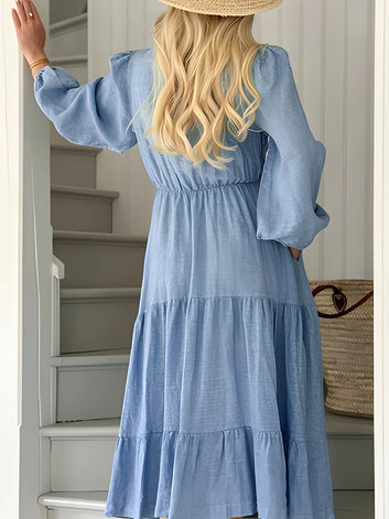 Women's cotton-linen vintage casual long-sleeve dress with a long flowing skirt