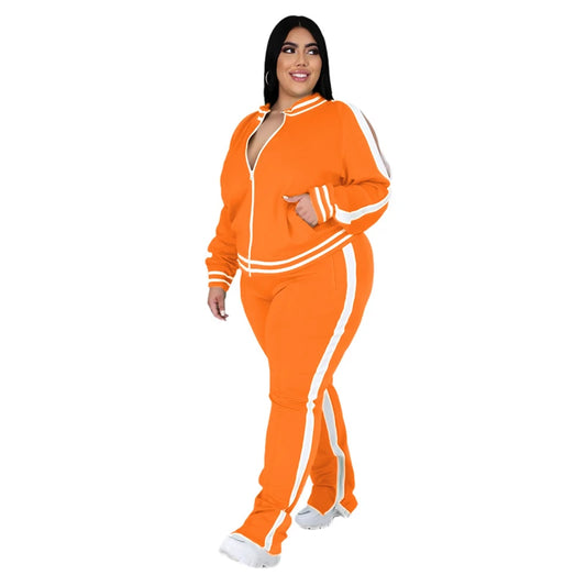 Sweatsuit Zip Striped Top Slit Sweatpants