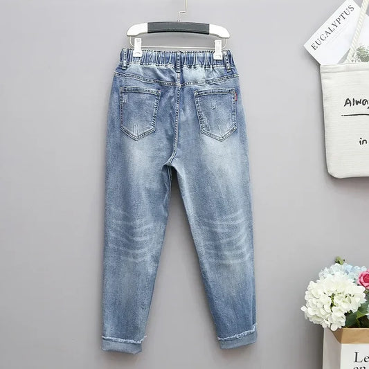 Elastic High Waist Blue Baggy Jeans