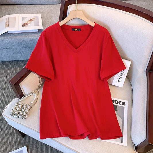 Cotton Short Sleeve T-shirt V-Neck Loose Top
